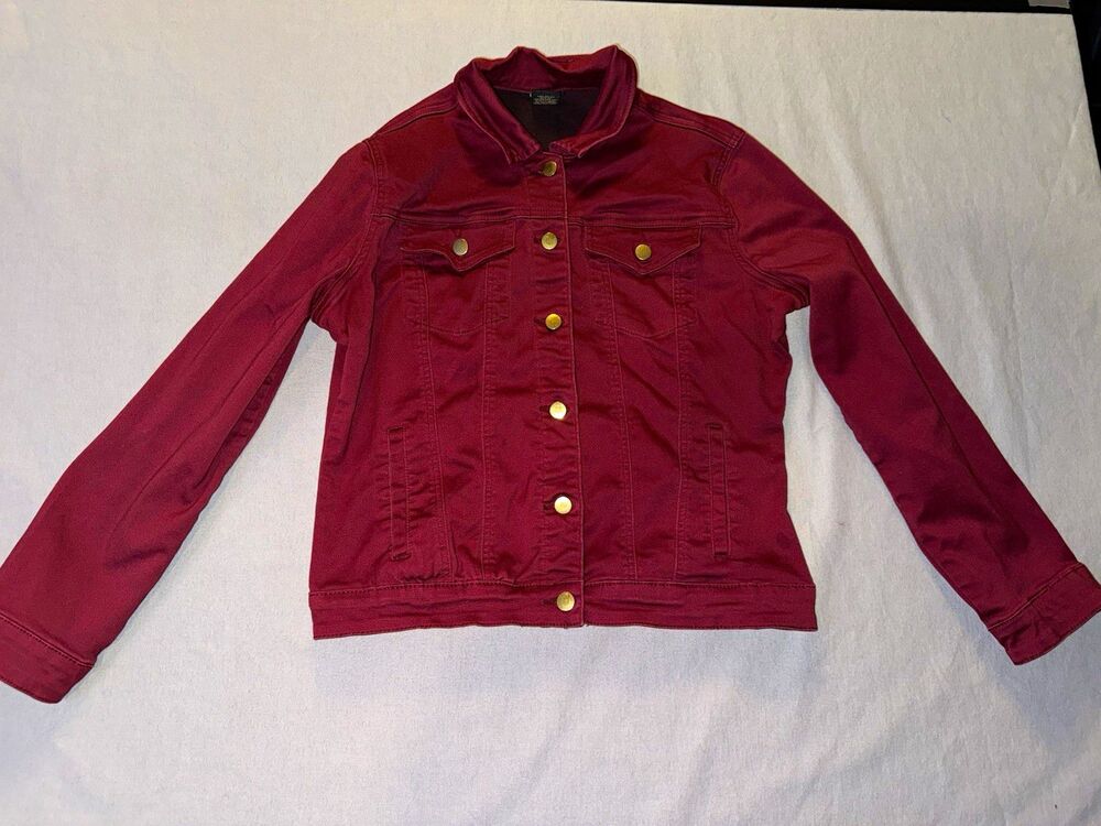 IMAN Women's Burgundy Denim Jacket Button Front Collared Pockets Size M
